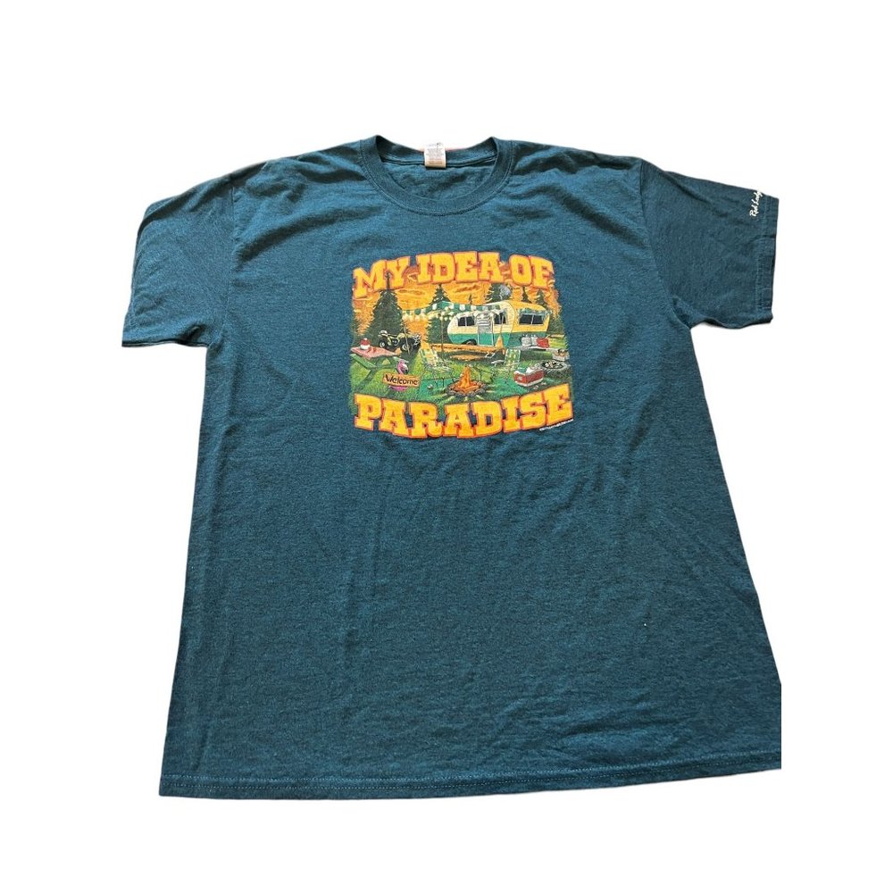 Gildan Heavy Cotton T Shirt My Idea of Paradise Camping Funny Flamingo Montana S